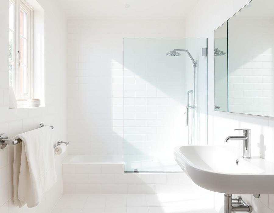 Bright clean bathroom with shining glass shower and folded towels