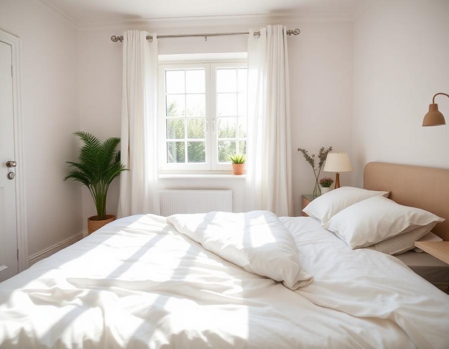 Freshly cleaned bedroom with crisp white bedding and sunlight