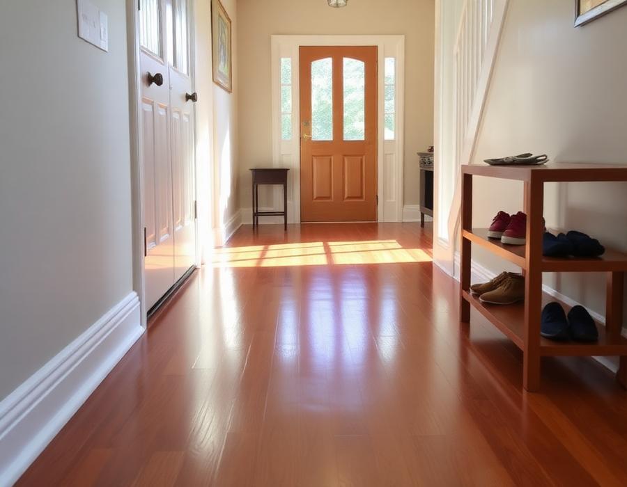 Gleaming hardwood entryway and hallway after floor cleaning
