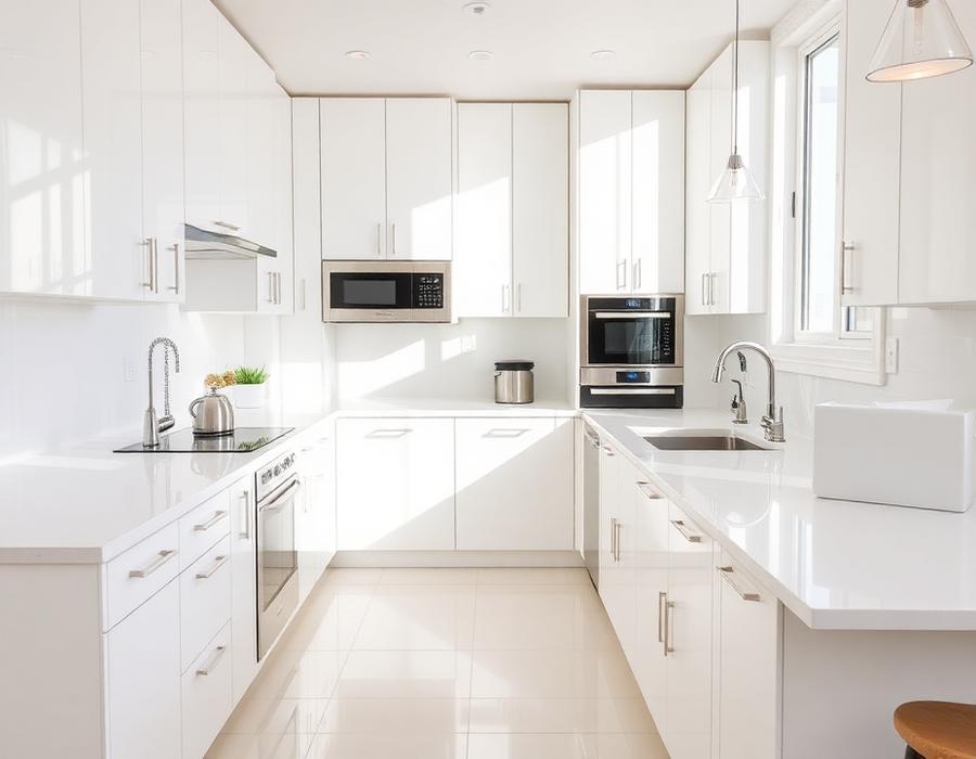 Spotless white kitchen with gleaming countertops after a deep clean