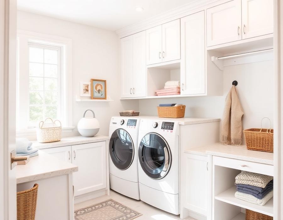 Spotless laundry room with white cabinets and folded linens