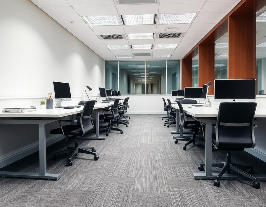 Tidy office with vacuumed carpet and polished desks