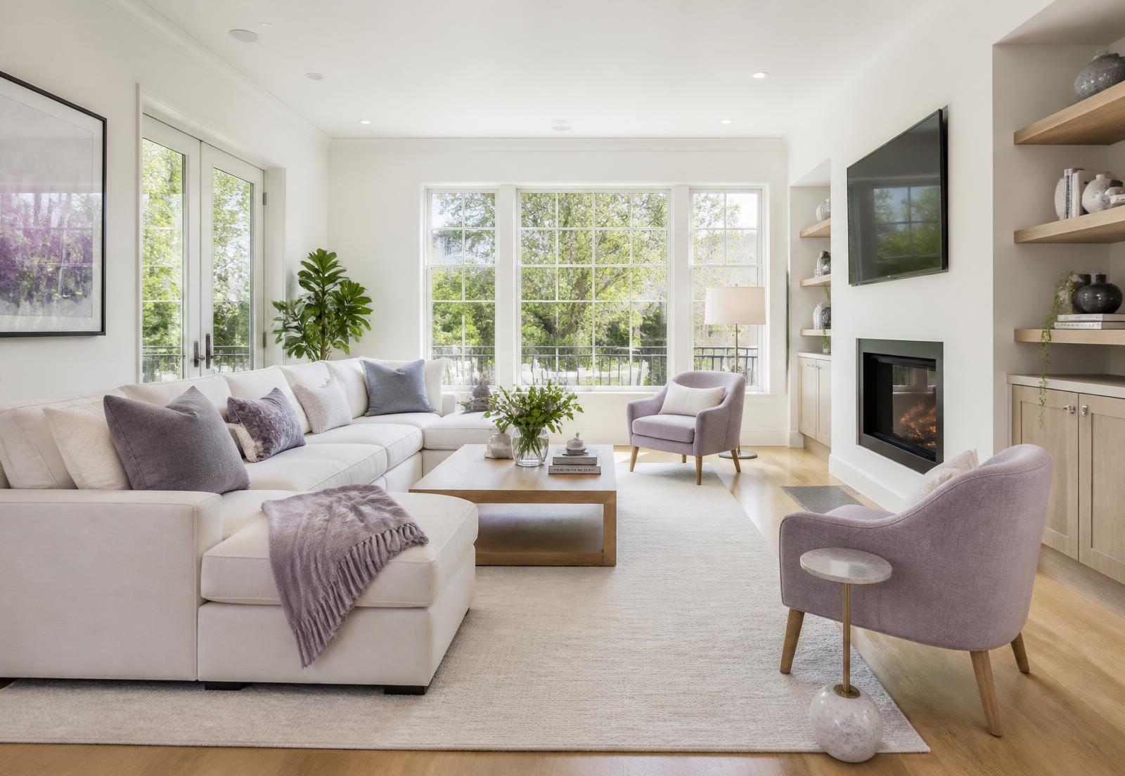 Bright, spotlessly clean living room with white sofa and lilac accents